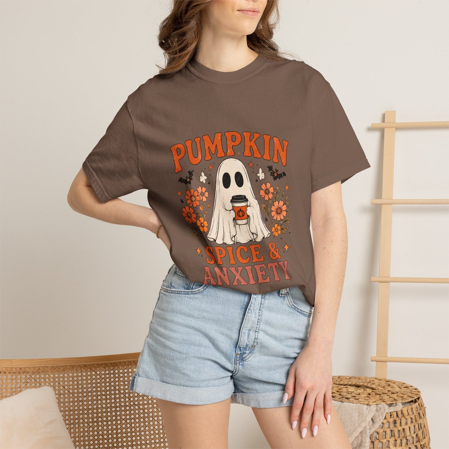 Pumpkin Spice & Anxiety T-Shirt — Cute Ghost Fall Tee for Coffee Lovers