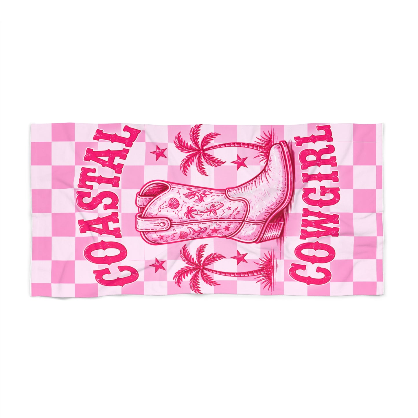 Coastal Cowgirl Beach Towel – Pink Checker Cowboy Boot Design