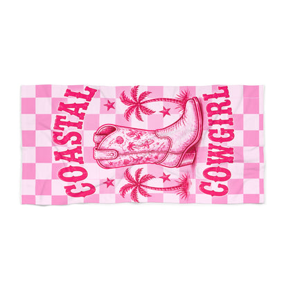 Coastal Cowgirl Beach Towel – Pink Checker Cowboy Boot Design