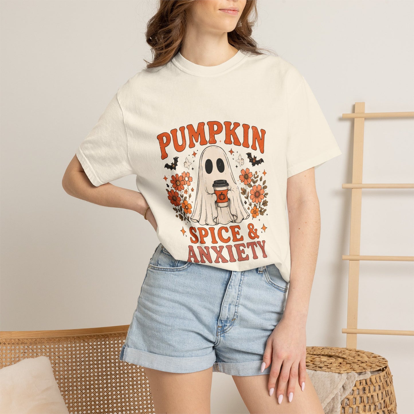 Pumpkin Spice & Anxiety T-Shirt — Cute Ghost Fall Tee for Coffee Lovers