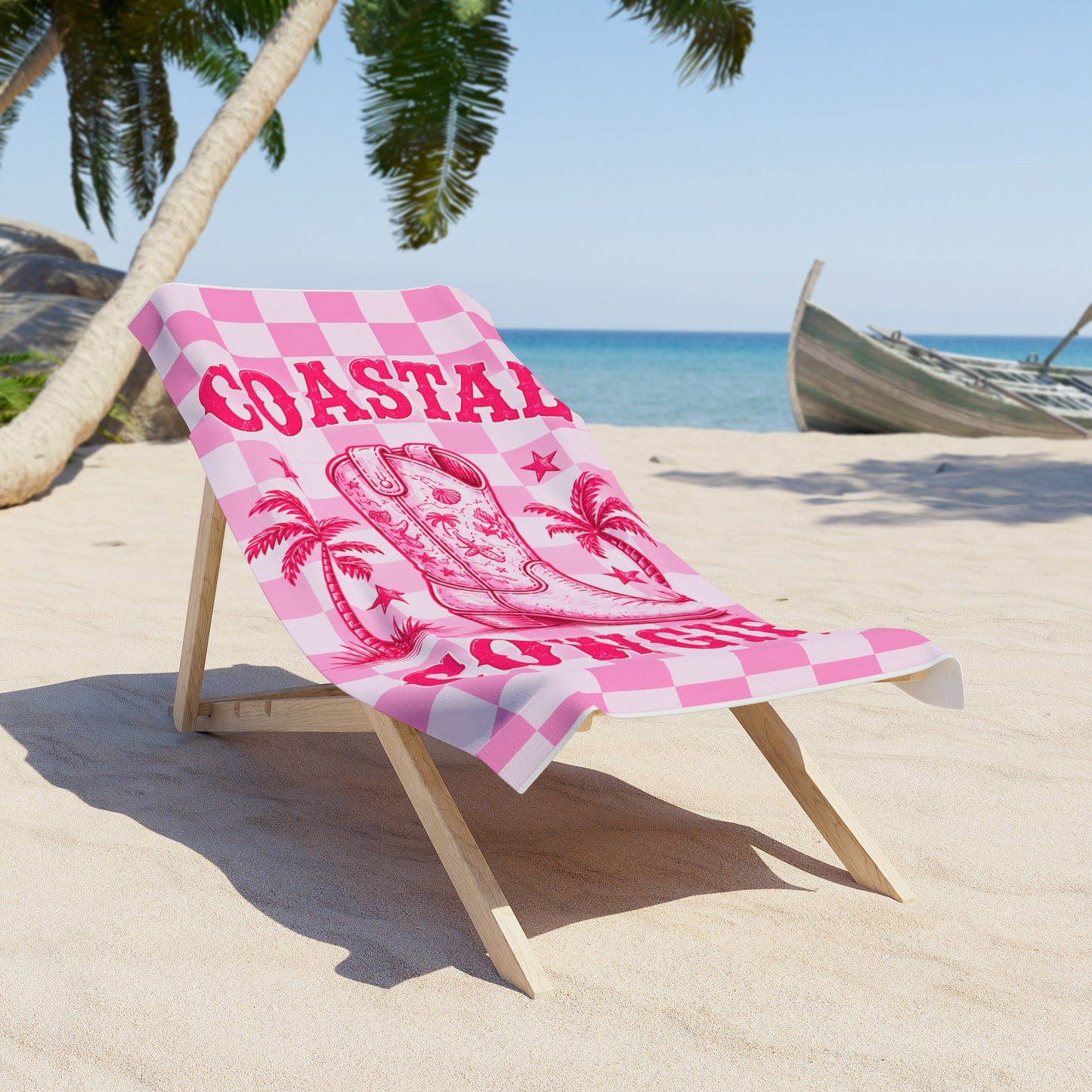 Coastal Cowgirl Beach Towel – Pink Checker Cowboy Boot Design