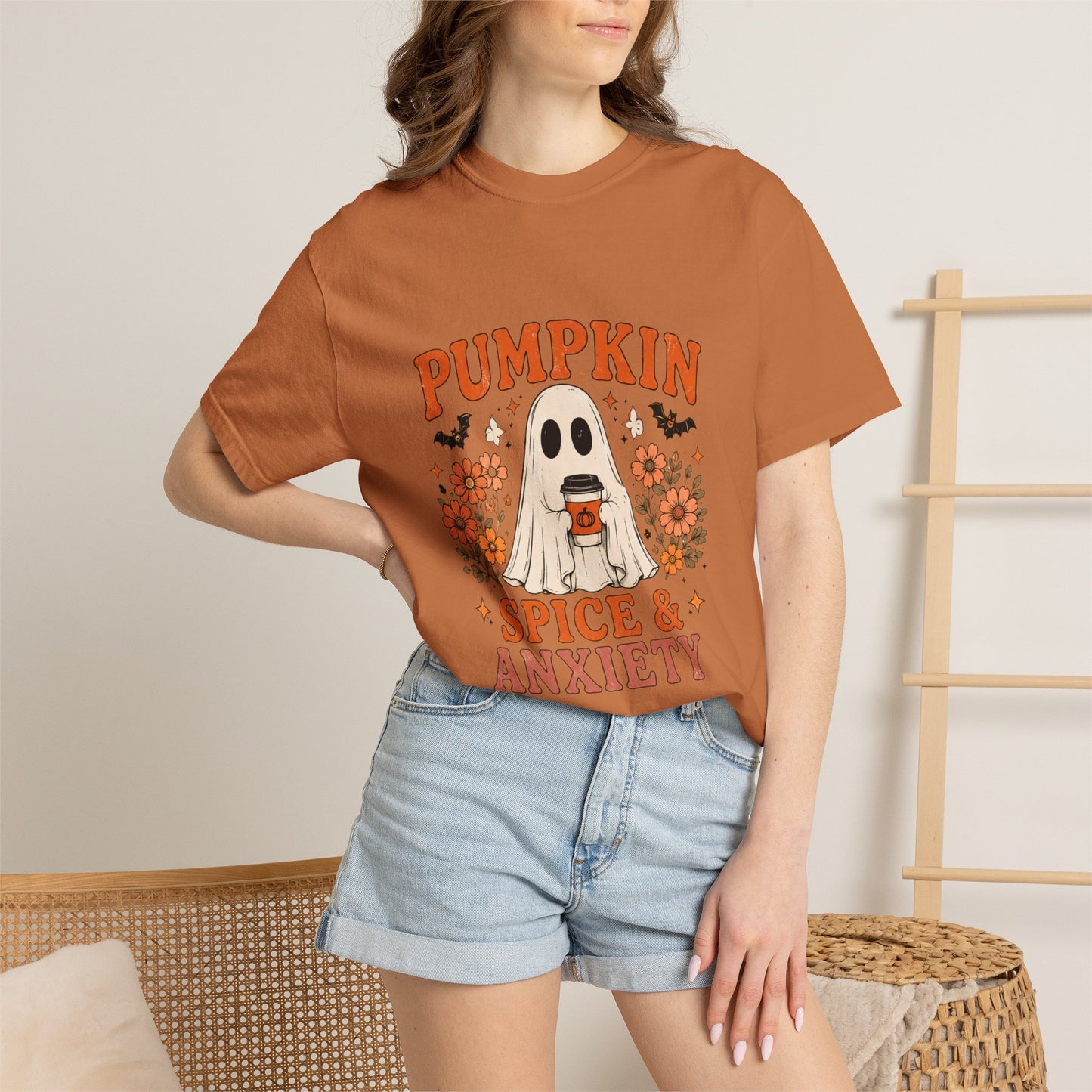 Pumpkin Spice & Anxiety T-Shirt — Cute Ghost Fall Tee for Coffee Lovers