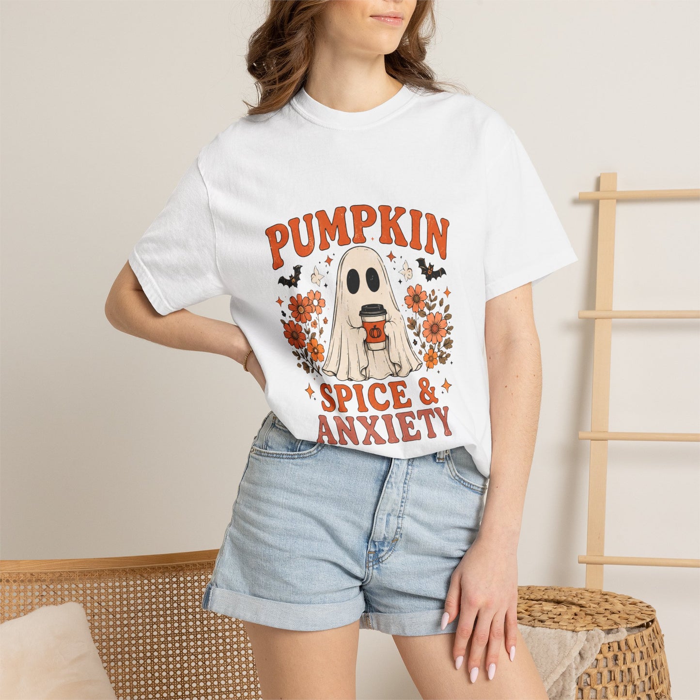 Pumpkin Spice & Anxiety T-Shirt — Cute Ghost Fall Tee for Coffee Lovers